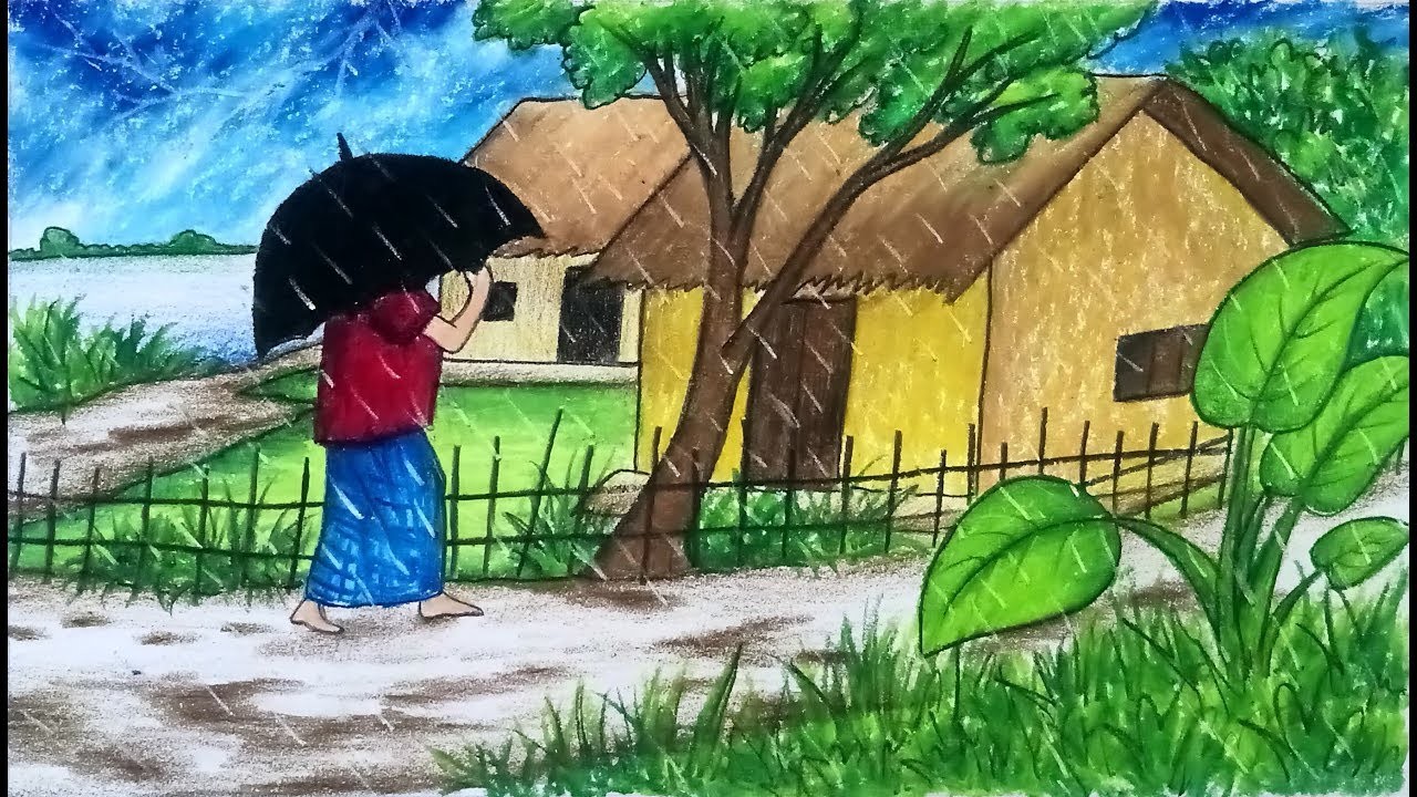 1280x720 How To Draw Scenery Of Rainy Season With Color Step - Season Drawing