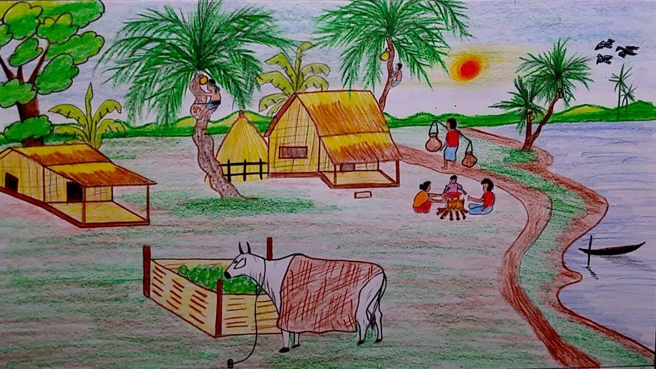 1280x720 How To Draw Winter Season With Village Scenery Step - Season Drawing