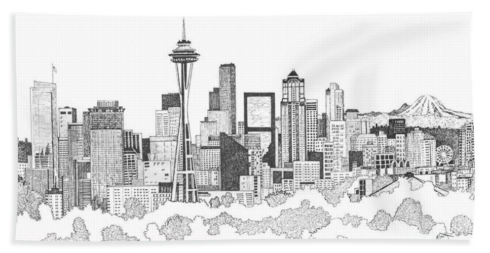 967x500 seattle skyline ink drawing bath towel for sale - Seattle Drawing