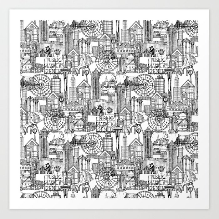 700x700 seattle black white art print - Seattle Drawing