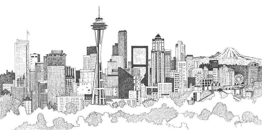 900x446 Seattle Skyline Ink Drawing Drawing - Seattle Skyline Drawing