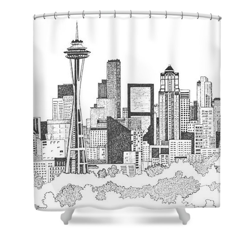 800x800 Seattle Skyline Ink Drawing Shower Curtain For Sale - Seattle Skyline Drawing