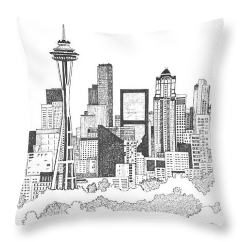 500x500 Seattle Skyline Ink Drawing Throw Pillow For Sale - Seattle Skyline Drawing