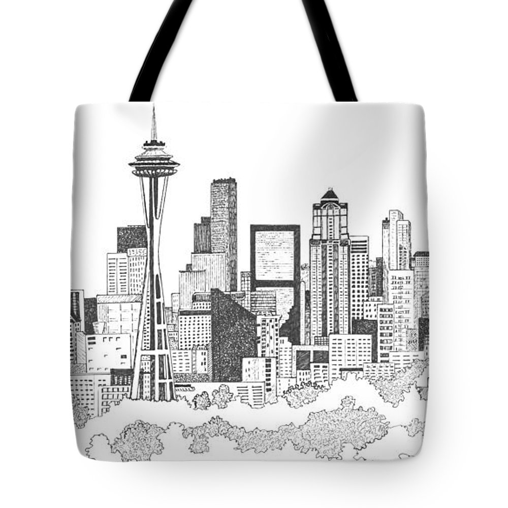 1000x1000 Seattle Skyline Ink Drawing Tote Bag For Sale - Seattle Skyline Drawing