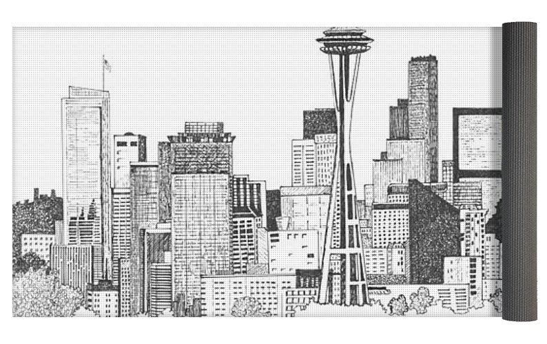 794x500 Seattle Skyline Ink Drawing Yoga Mat For Sale - Seattle Skyline Drawing