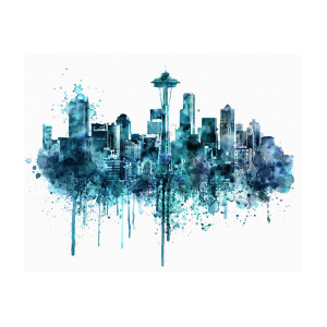 300x300 Seattle Skyline Monochrome Watercolor Painting - Seattle Skyline Drawing
