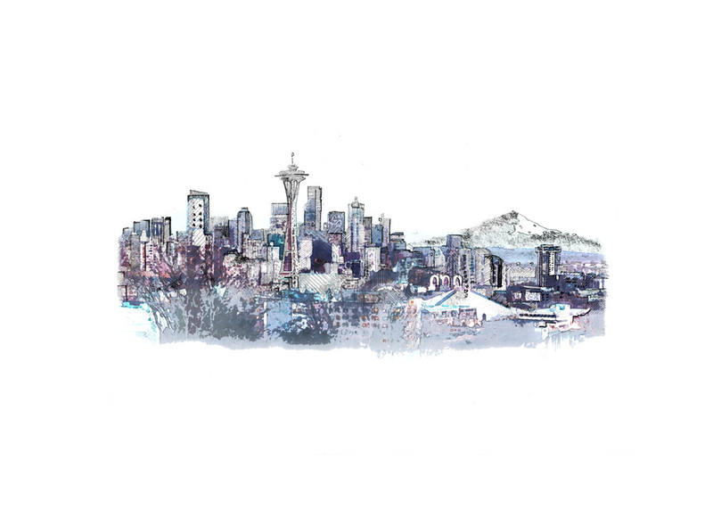 800x571 Seattle Skyline Wall Art Prints - Seattle Skyline Drawing
