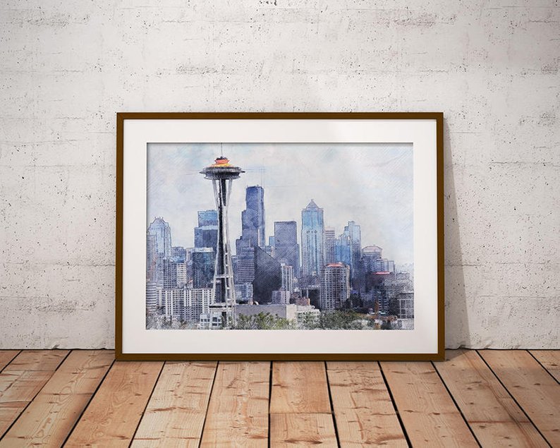 794x635 Seattle Skyline Print Seattle Drawing Seattle Poster Etsy - Seattle Skyline Drawing
