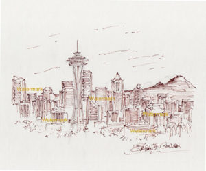 300x248 Seattle Skyline Pen Ink Drawing Of Downtown With The Space Needle - Seattle Skyline Drawing