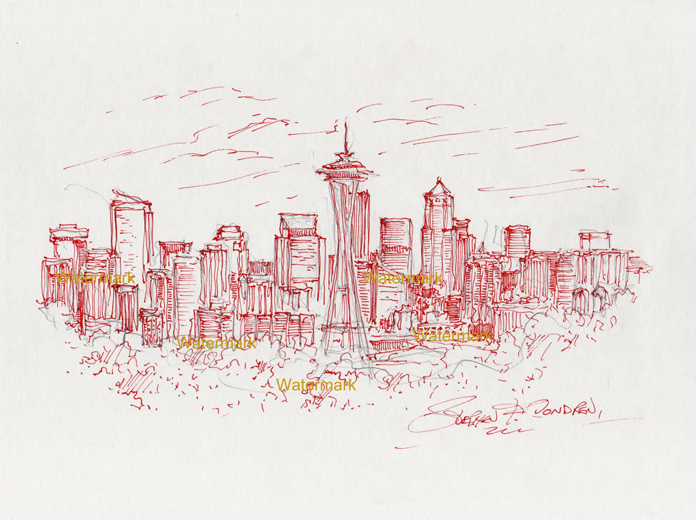 975x729 Seattle Skyline Pen Ink Drawing With Space Needle And Skyscrapers - Seattle Skyline Drawing