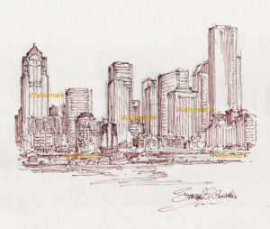 300x254 Seattle Skyline Pen Ink Line Drawing Of Downtown On Elliott Bay - Seattle Skyline Drawing