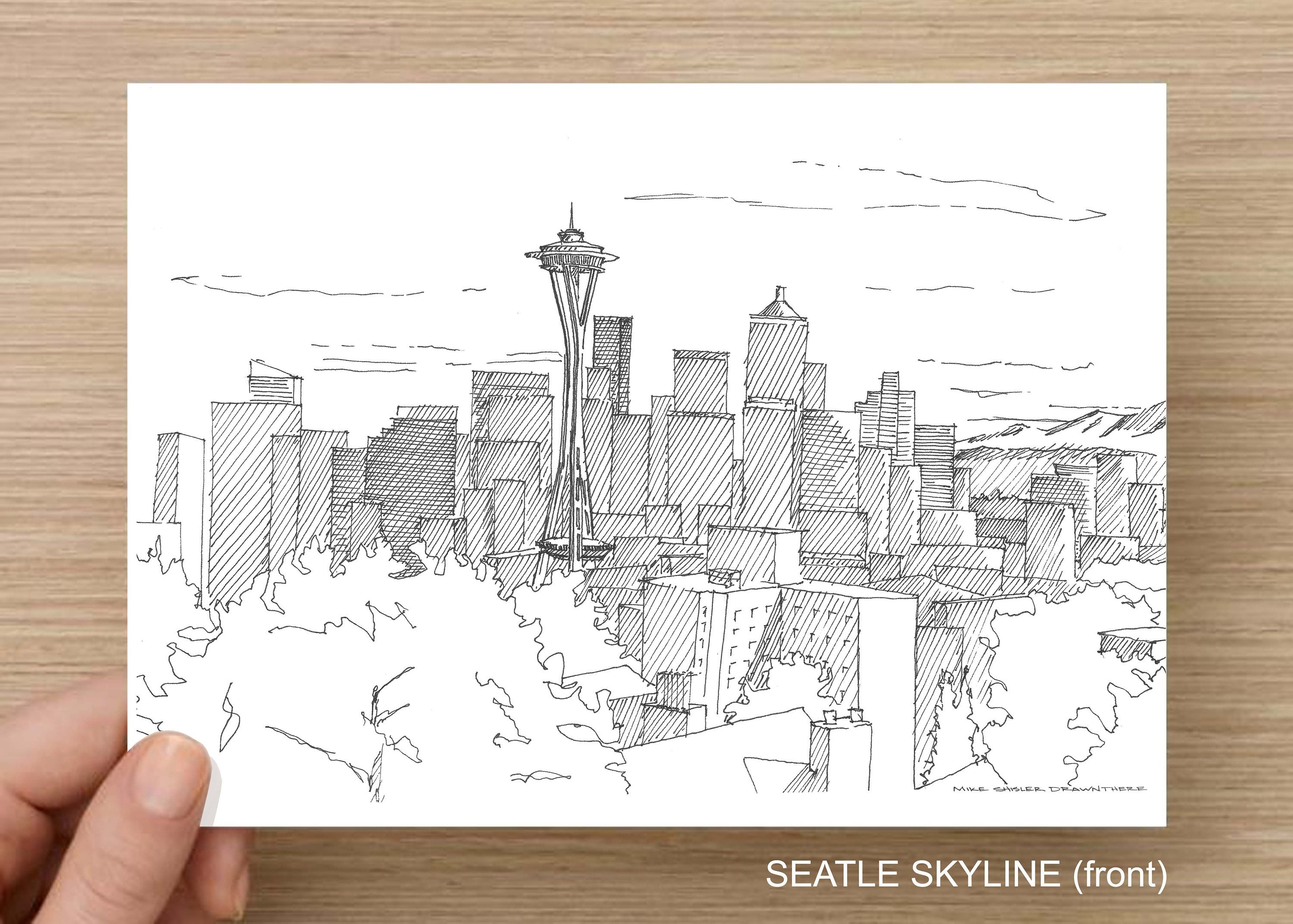 3000x2143 Seattle, Washington - Seattle Skyline Line Drawing