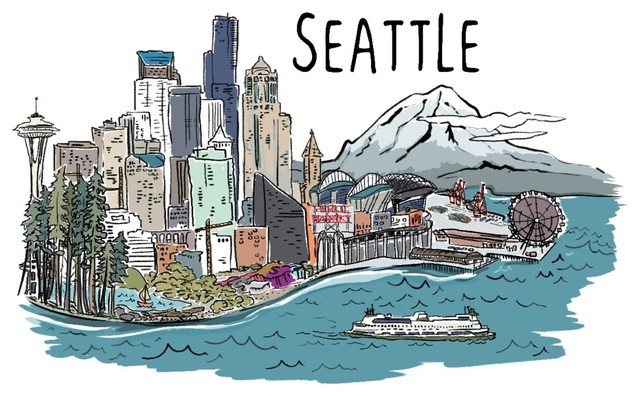 640x396 Seattle, Washington, Seattle Cityscape, Line Drawing Print - Seattle Skyline Line Drawing