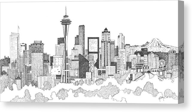642x375 Seattle Skyline Ink Drawing Canvas Print Canvas Art - Seattle Skyline Line Drawing