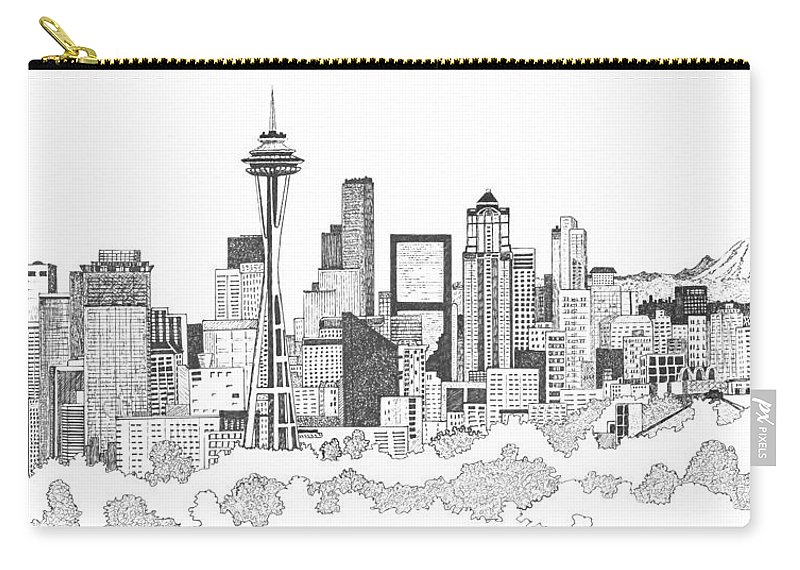 800x570 Seattle Skyline Ink Drawing Carry All Pouch For Sale - Seattle Skyline Line Drawing