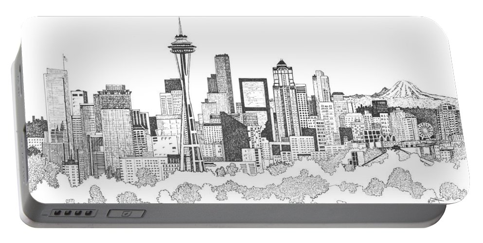 993x500 Seattle Skyline Ink Drawing Portable Battery Charger For Sale - Seattle Skyline Line Drawing