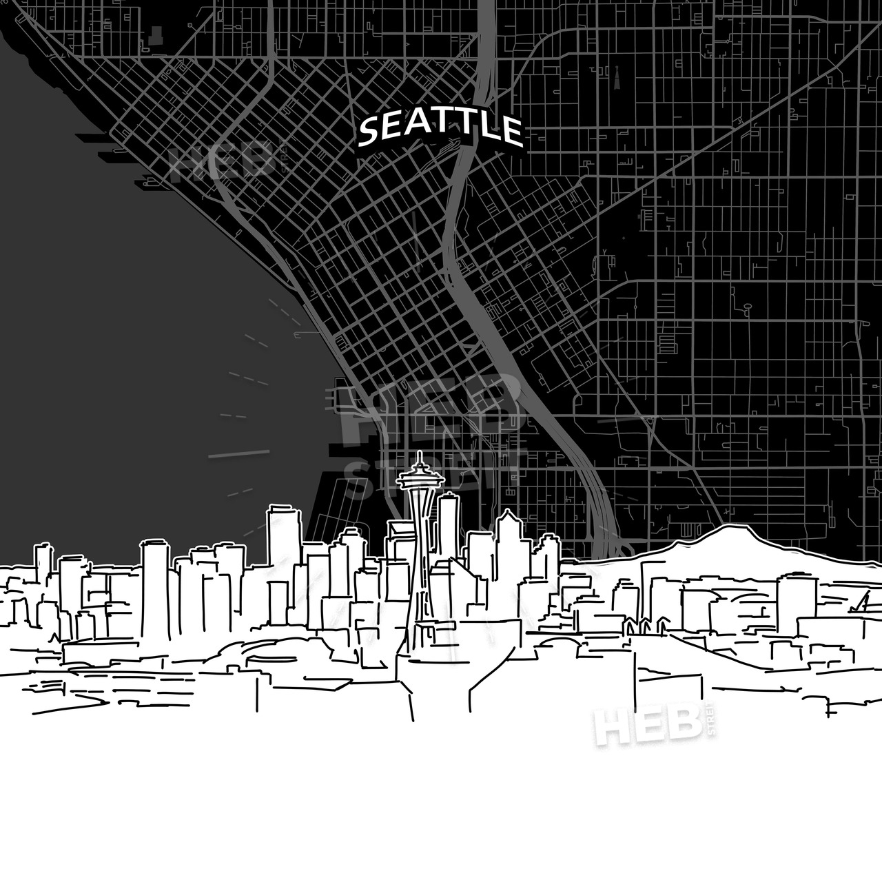 1280x1280 Seattle Skyline With Map Hebstreits Sketches - Seattle Skyline Line Drawing