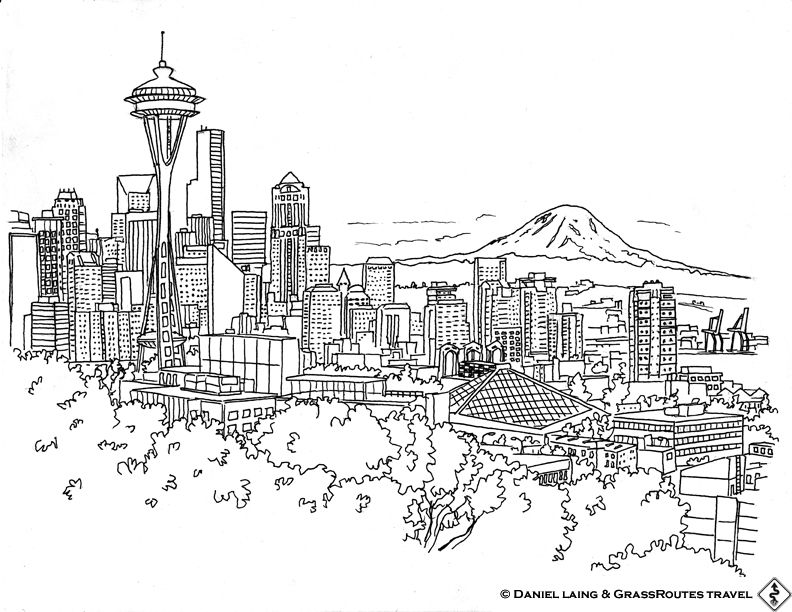 792x612 Cityscape Drawing Skyline Seattle For Free Download - Seattle Skyline Line Drawing