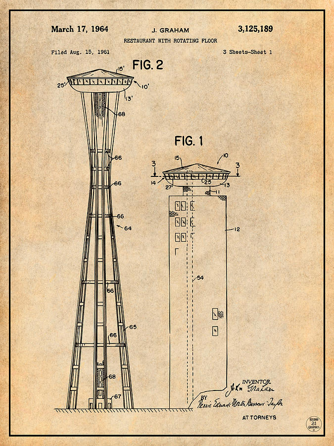 675x900 John Graham Seattle Space Needle Patent Print Antique Paper - Seattle Space Needle Drawing