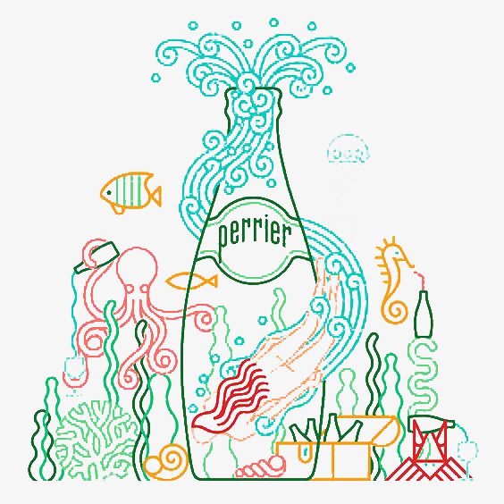 564x564 line drawing underwater world, small fish, octopus, seaweed png - Seaweed Underwater Drawing