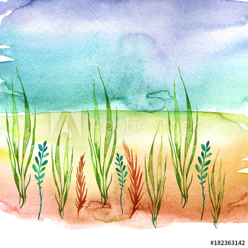 500x500 Watercolor Drawing Of Seaweed, Wild Grass, Seamless Linear Pattern - Seaweed Underwater Drawing