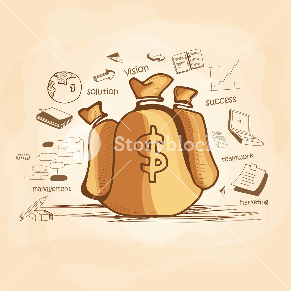 1000x1000 illustration of brown money bag with various statistical - Sector Drawing