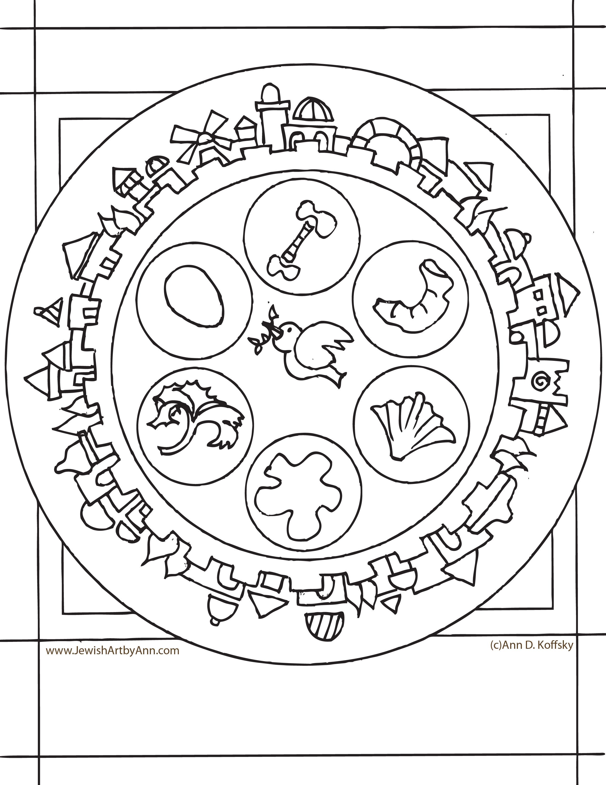 2546x3296 ann koffsky passover plate coloring - Seder Plate Drawing