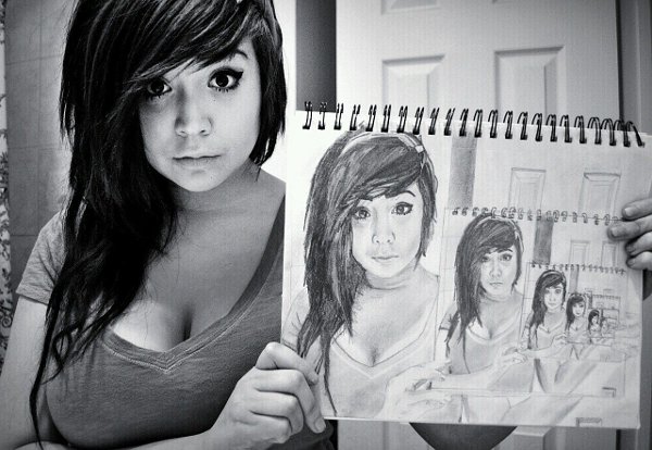 600x414 Girl Holding Self Portrait Drawing Inception - Self Drawing