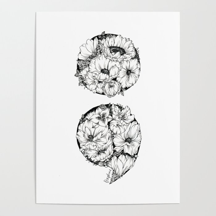 700x700 Floral Semicolon Poster - Semicolon Drawing