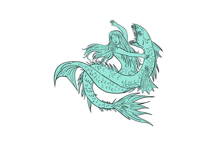 750x500 mermaid grappling with sea serpent drawing color - Serpent Drawing