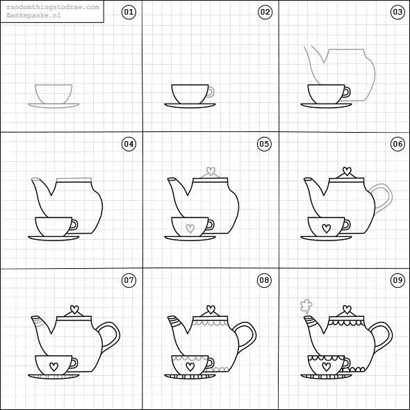 590x590 how to draw a tea set drawing, doodling, sketching drawings - Set Of Drawings