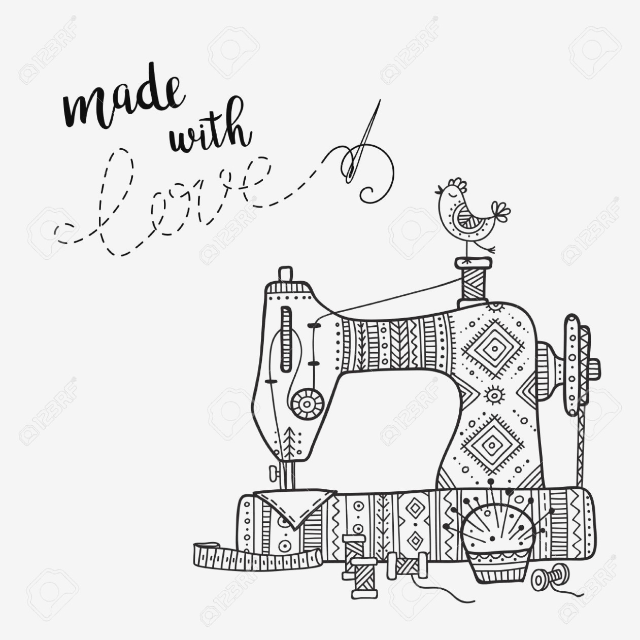 1261x1261 vector card with sewing machine and lettering can be printed - Sewing Drawing