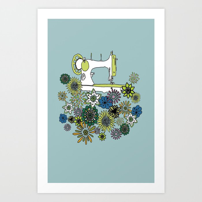 700x700 vintage sewing machine drawing with flowers art print - Sewing Machine Drawing