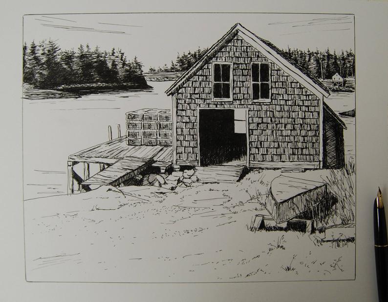 794x619 old lobster shack pen and ink drawing etsy - Shack Drawing