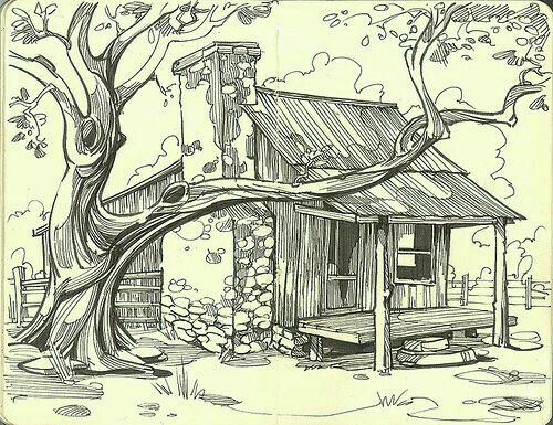 500x385 swamp shack with stone chimney spooky drawings, pencil - Shack Drawing