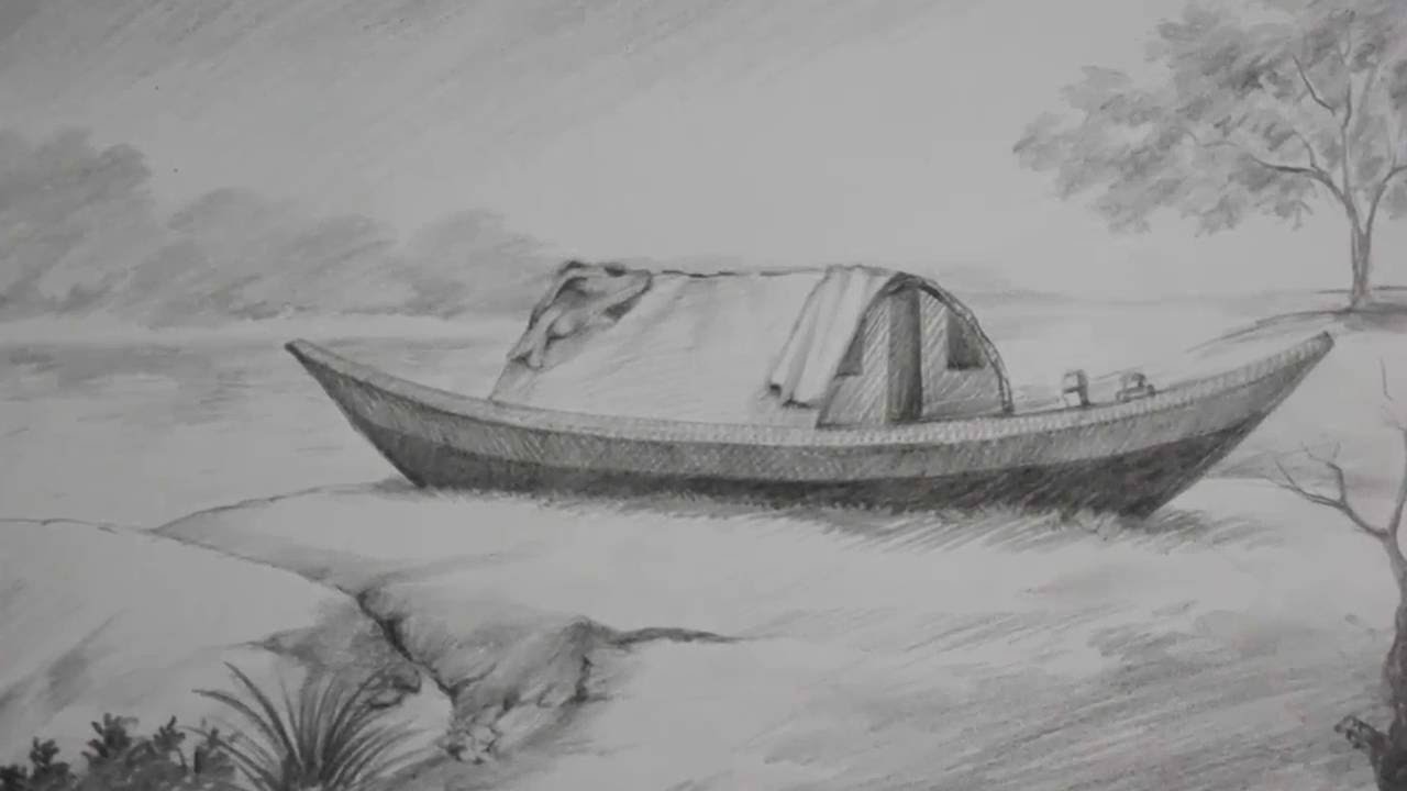 1280x720 Pencil Shading Tutorial How To Draw A Boat A Riverside - Shading Drawing