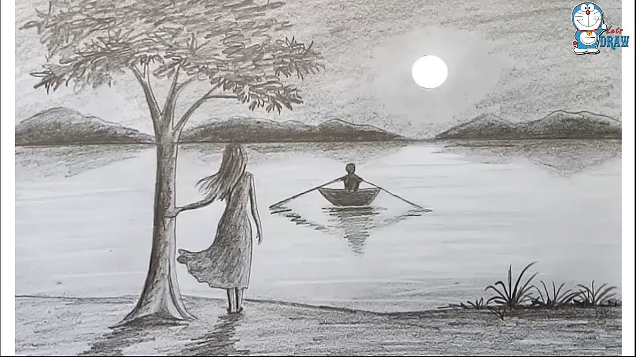 1280x720 How To Draw Scenery Of Moonlight Night - Shading Drawing Of Scenery