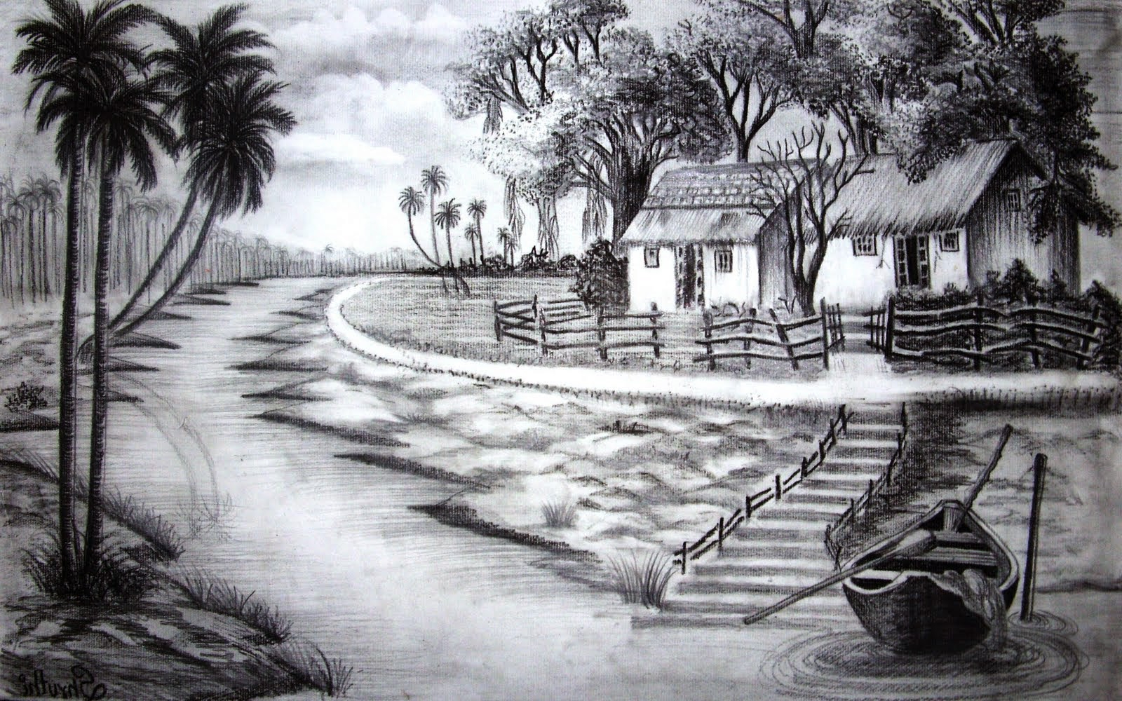 How To Draw A Scenery With Pencil Shading Step By Step Goimages Fun