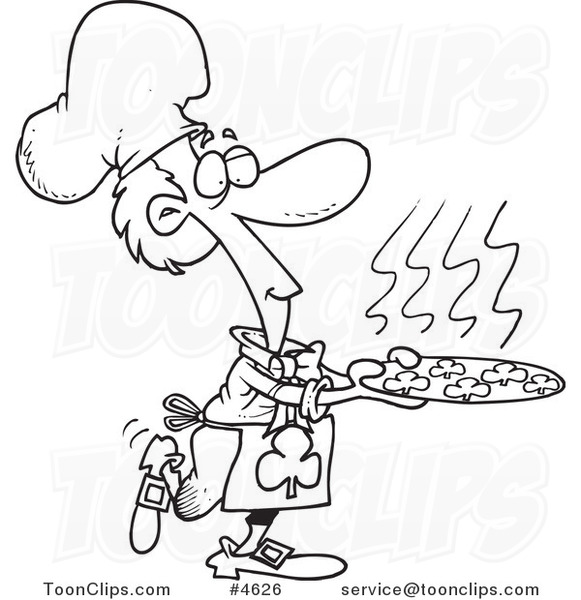 581x600 cartoon black and white line drawing of a chef leprechaun serving - Shamrock Line Drawing