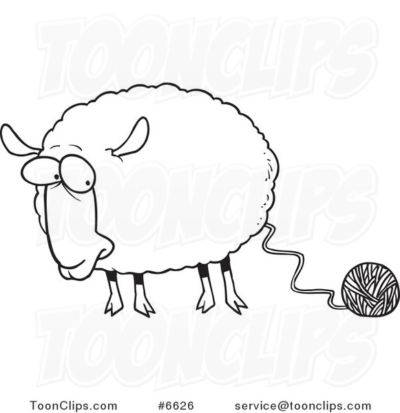 581x600 Cartoon Black And White Line Drawing Of A Sheep Connected To Yarn - Sheep Line Drawing