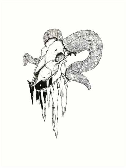 413x549 Decay' Ram Skull Ink Drawing Art Prints - Sheep Skull Drawing