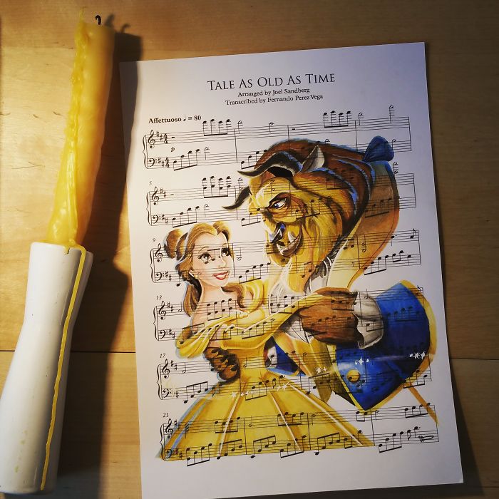 700x700 i draw scenes from famous animated movies on music sheets of their - Sheet Music Drawing