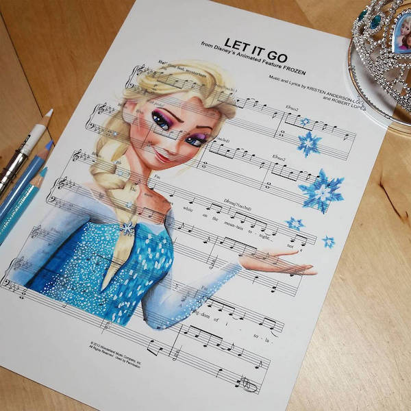 600x600 Drawings Of Disney Characters Made On Sheet Music Of The Songs - Sheet Music Drawing
