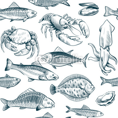 400x400 Sketch Seafood Seamless Pattern Oyster Salmon Lobster Shellfish - Shellfish Drawing