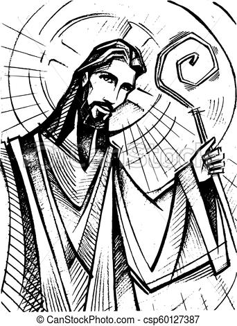 342x470 Jesus Christ Good Shepherd Ink Illustration Hand Drawn Vector - Shepherd Drawing