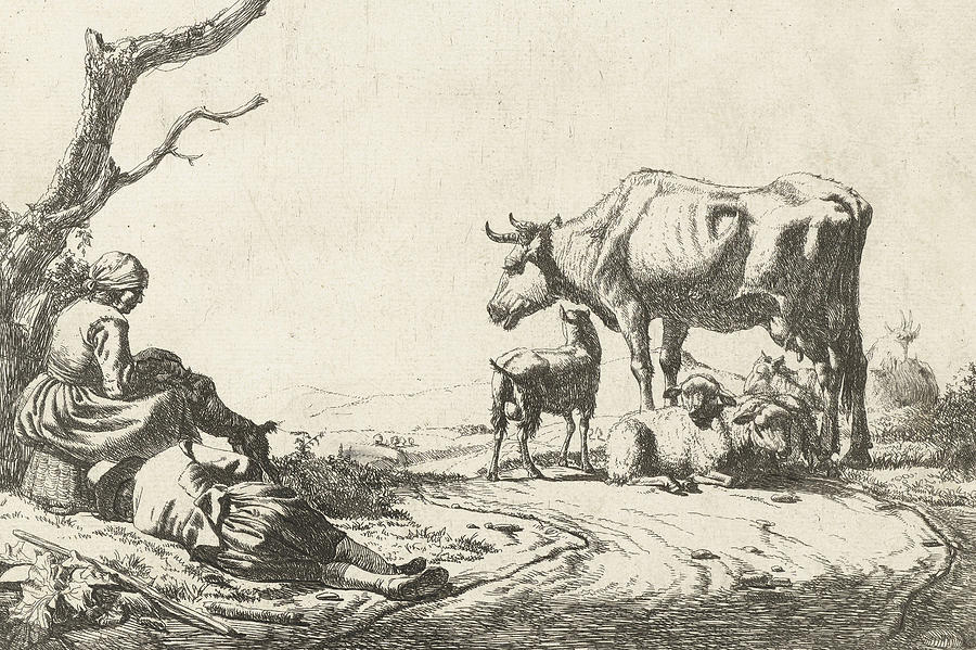 900x599 shepherd and shepherdess with cattle drawing - Shepherd Drawing