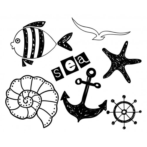 500x500 Ocean Animal Fish Shell Starfish Seagull Ship Anchor Rudder Black - Ship Anchor Drawing