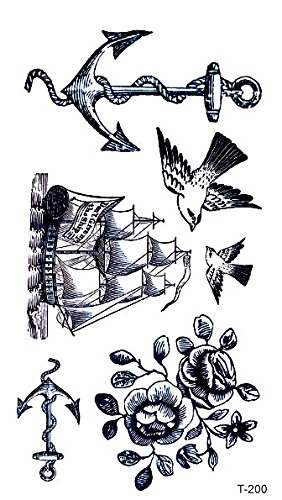282x500 Sailing Ship Anchor Rose Birds Temporary Tattoo Modern - Ship Anchor Drawing