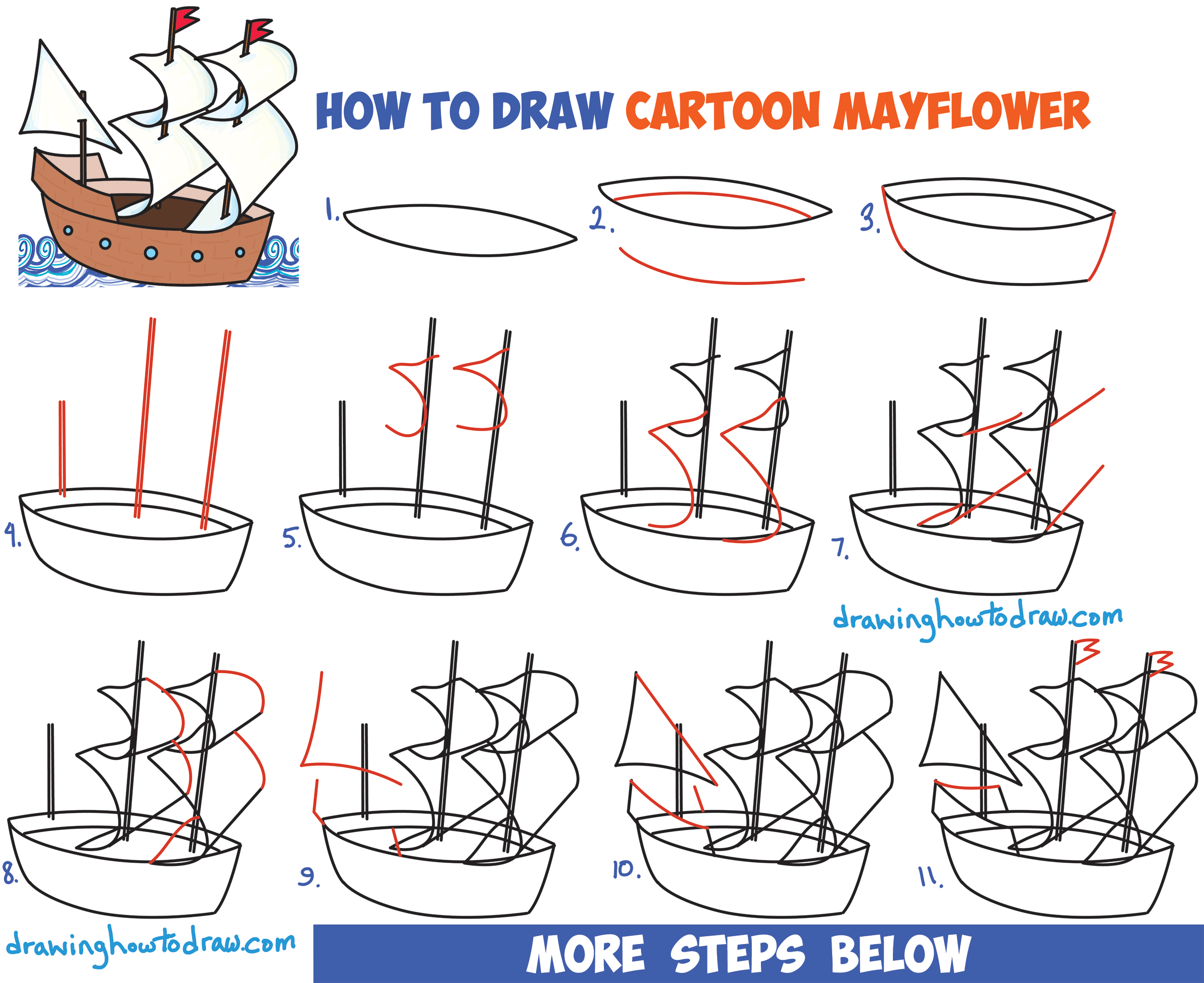2500x2041 how to draw cartoon mayflower ship for thanksgiving easy step - Ship Drawing For Kids