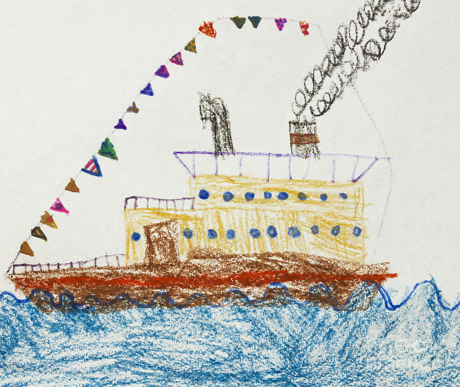 900x757 kid's drawing of a passenger ship in the sea drawing - Ship Drawing For Kids